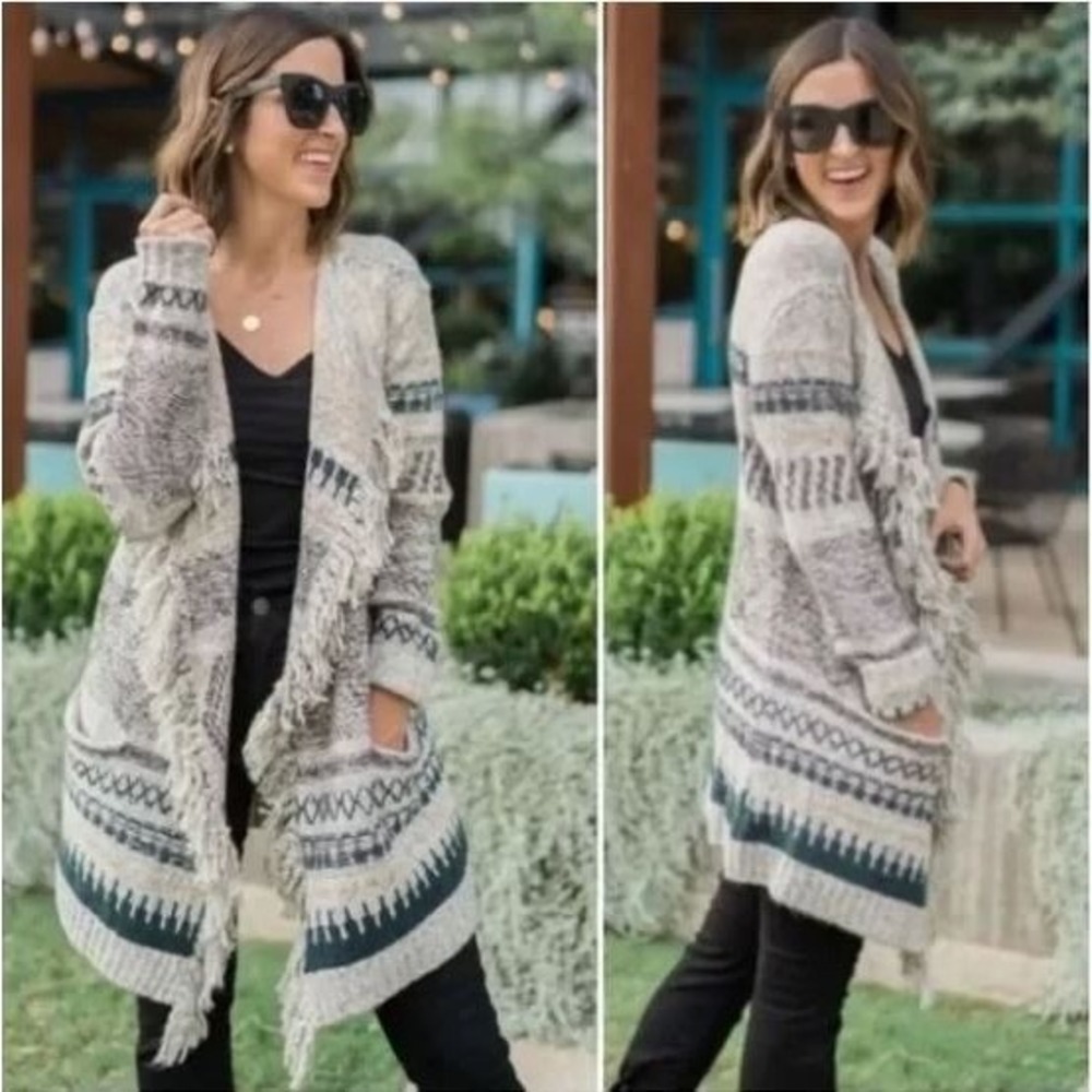 Cabi 3701 Shetland Fringe Cardigan Sweater M Medium Boho Waterfall Open Front